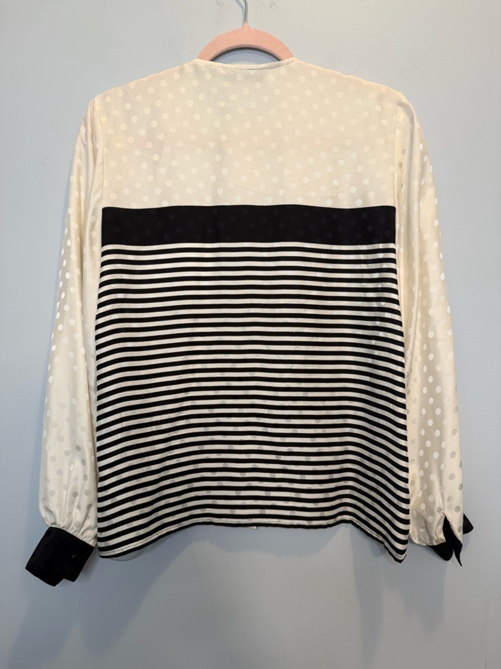 VINTAGE Adrianna Papell 100% Silk Mixed Print Striped Polka Dot Blouse Size 6 - Picture 2 of 6